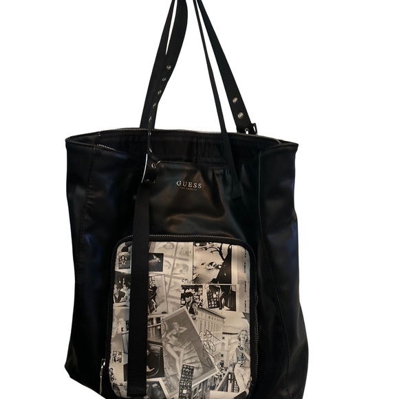 Guess Monochrome Graphic Large Black Tote Overnight Travel Bag - Picture 1 of 5
